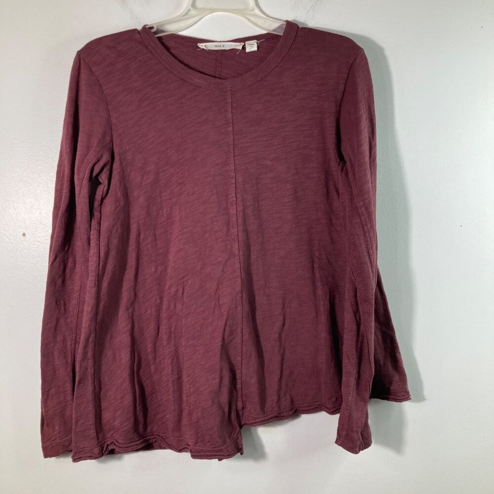 Womens Wilt Asymmetrical Tee Maroon XS Made in USA Long Sleeve Cotton